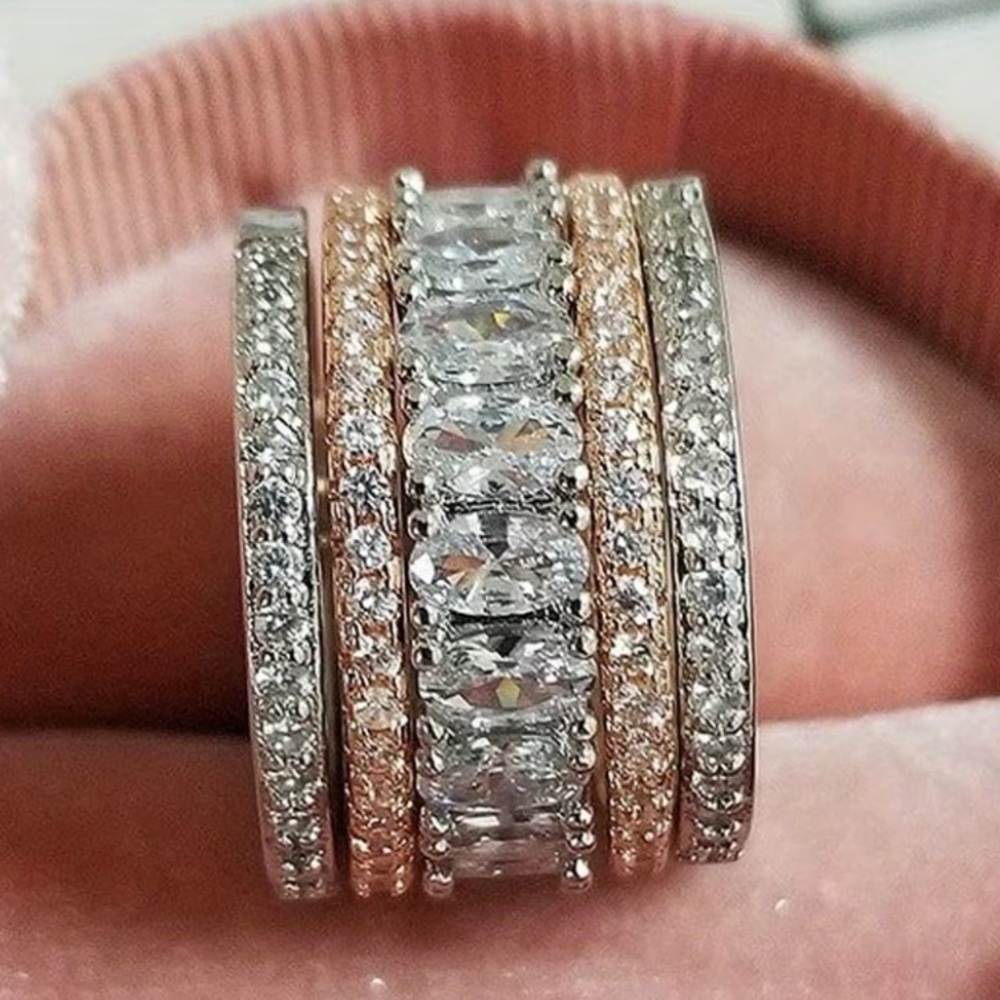 Elegant Silvery & Rose Golden Stacked Diamond Band Ring - Picture 2 of 4